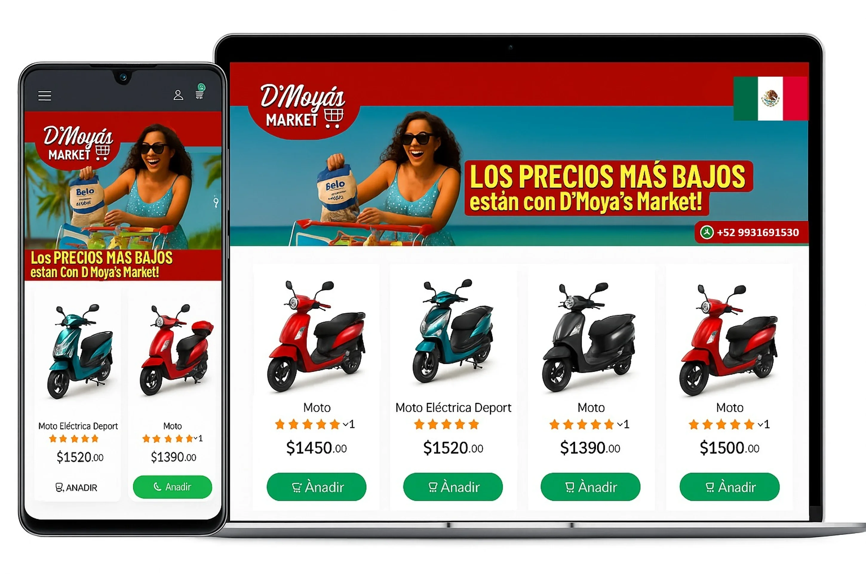 Vista de tienda virtual en móvil y escritorio